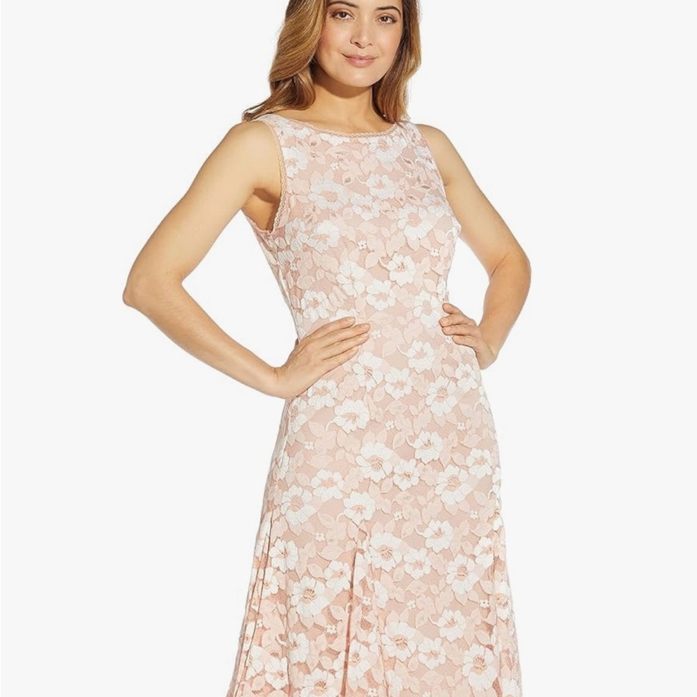 Adrianna Papell Elegant Floral Lace Midi Godet Dress in PinkWhite-NWT (size 4)